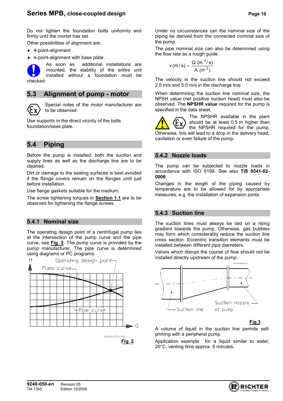 3 alignment of pump - motor, 4 piping, 1 nominal size | 2 nozzle loads, 3 suction line, Alignment of pump - motor, Piping, Nominal size, Nozzle loads, Suction line | Richter MPB 25-25-115 User Manual | Page 10 / 26