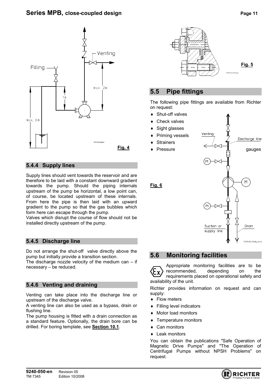 4 supply lines, 5 discharge line, 6 venting and draining | 5 pipe fittings, 6 monitoring facilities, Supply lines, Discharge line, Venting and draining, Pipe fittings, Monitoring facilities | Richter MPB 25-25-115 User Manual | Page 11 / 26