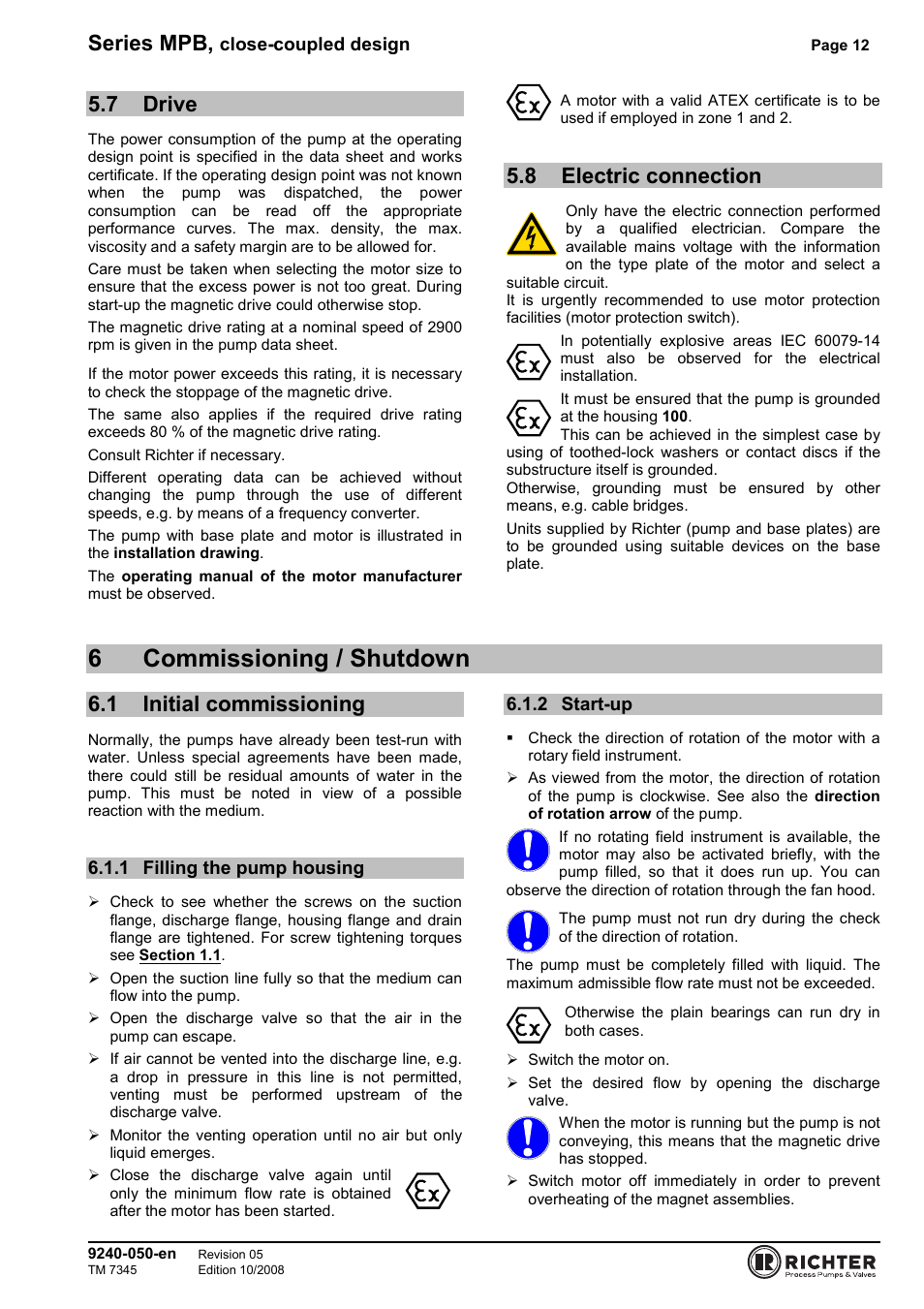 7 drive, 8 electric connection, 6 commissioning / shutdown | 1 initial commissioning, 1 filling the pump housing, 2 start-up, Drive, Electric connection, Initial commissioning, Filling the pump housing | Richter MPB 25-25-115 User Manual | Page 12 / 26