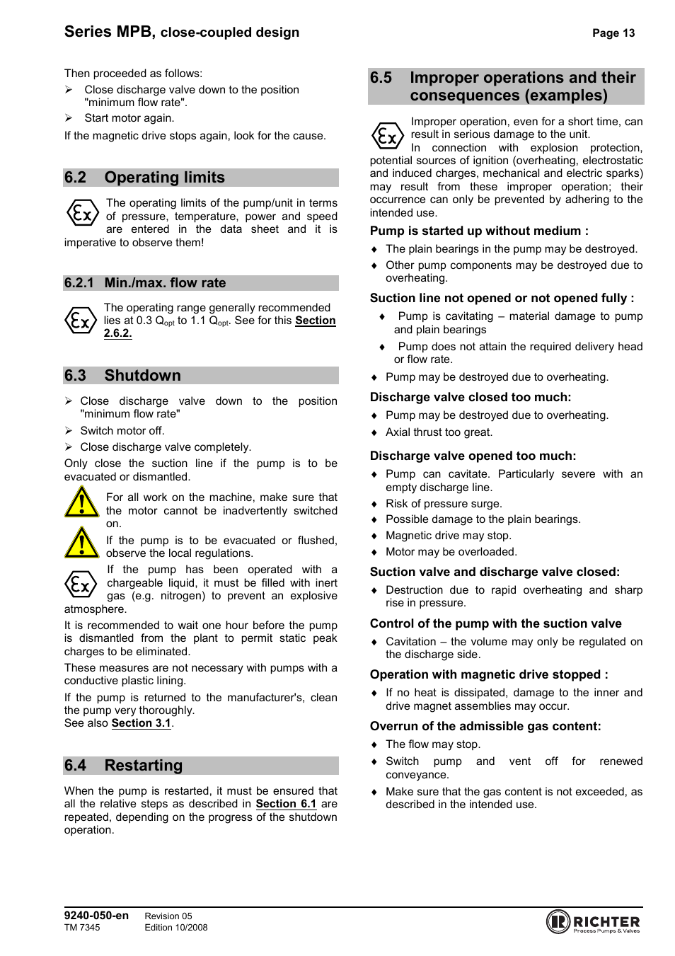 2 operating limits, 1 min./max. flow rate, 3 shutdown | 4 restarting, Operating limits, Min./max. flow rate, Shutdown, Restarting, Consequences (examples), Series mpb | Richter MPB 25-25-115 User Manual | Page 13 / 26