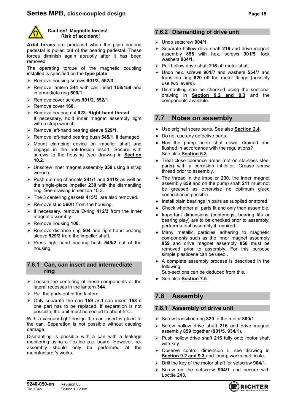 1 can, can insert and intermediate ring, 2 dismantling of drive unit, 7 notes on assembly | 8 assembly, 1 assembly of drive unit, Can, can insert and intermediate ring, Dismantling of drive unit, Notes on assembly, Assembly, Assembly of drive unit | Richter MPB 25-25-115 User Manual | Page 15 / 26