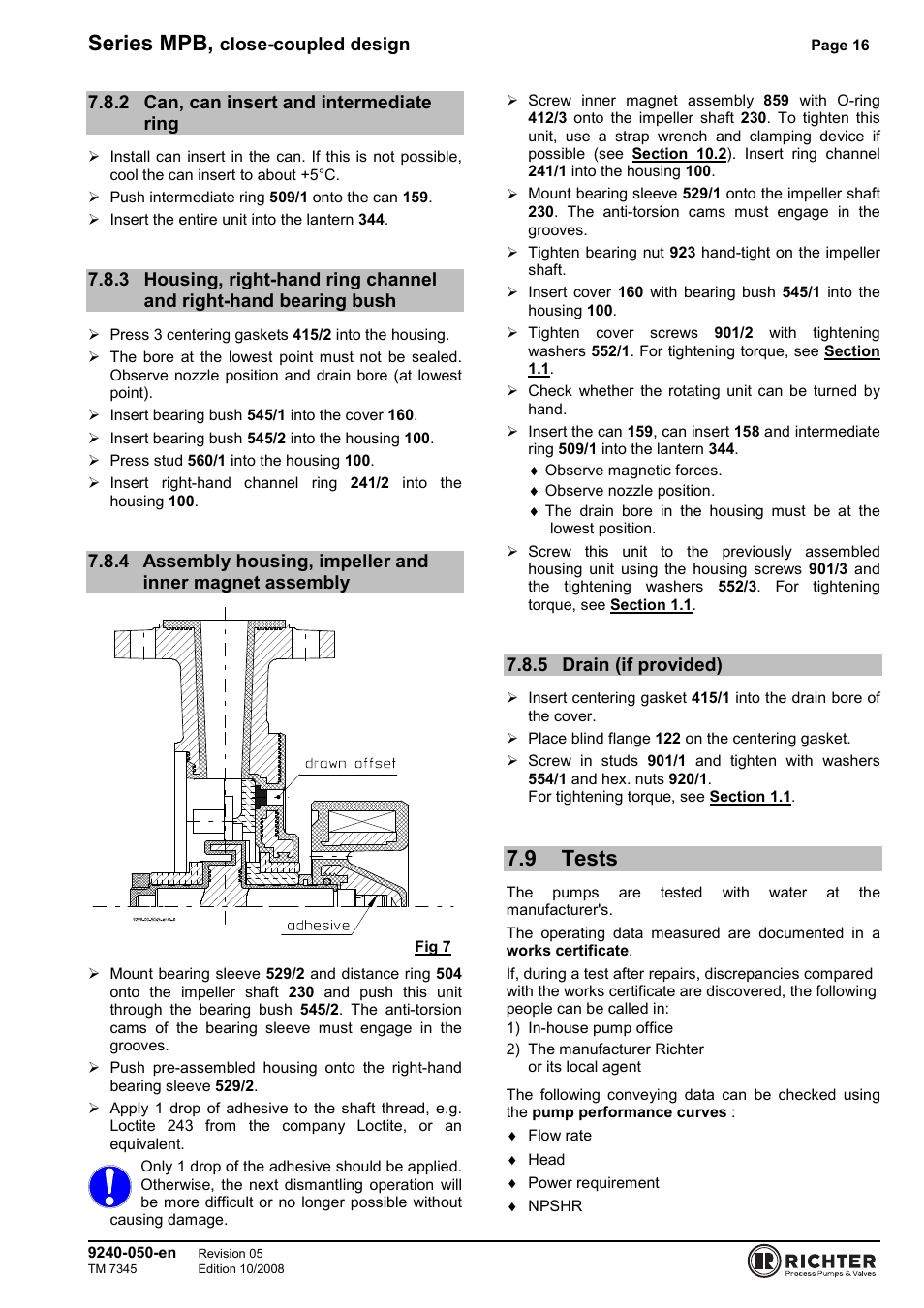 2 can, can insert and intermediate ring, 5 drain (if provided), 9 tests | Can, can insert and intermediate ring, Bearing bush, Assembly, Drain (if provided), Tests, Series mpb | Richter MPB 25-25-115 User Manual | Page 16 / 26