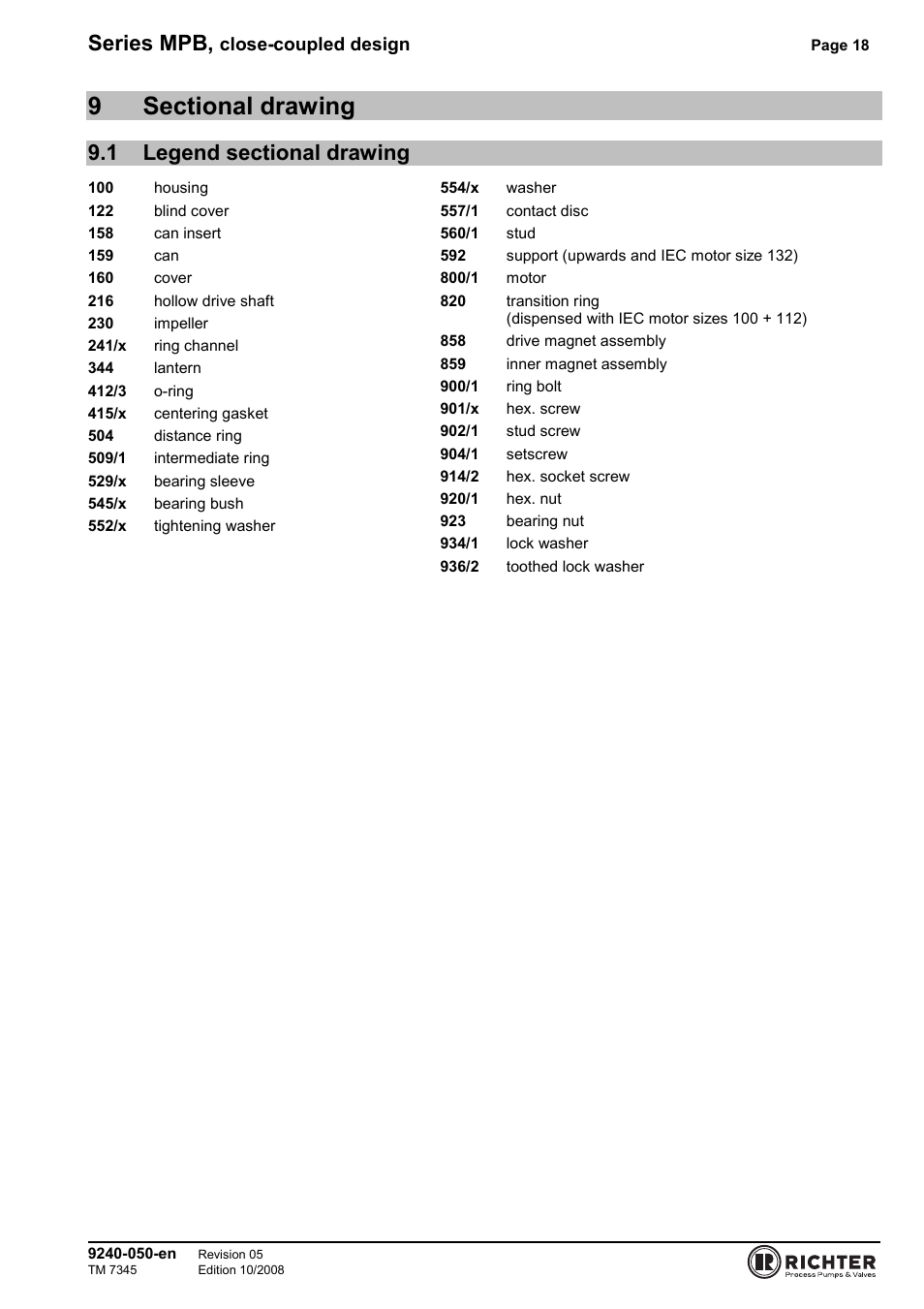 9 sectional drawing, 1 legend sectional drawing, Legend sectional drawing | Series mpb, Close-coupled design | Richter MPB 25-25-115 User Manual | Page 18 / 26