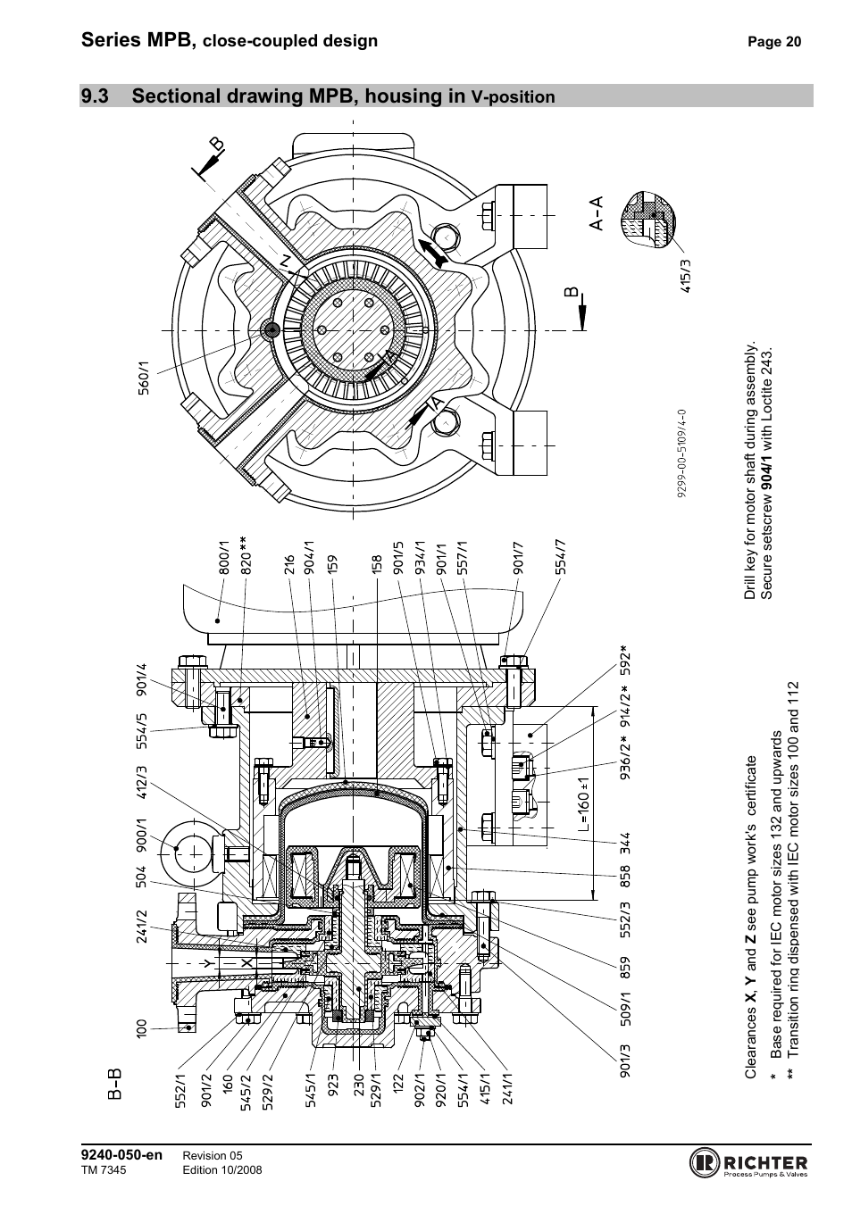 3 sectional drawing mpb, housing in v-position, Position, Series mpb | Close-coupled design, V-position | Richter MPB 25-25-115 User Manual | Page 20 / 26