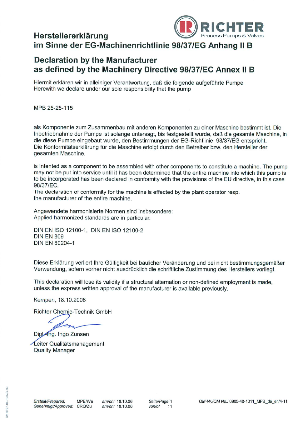 Declaration by the manufacturer | Richter MPB 25-25-115 User Manual | Page 23 / 26