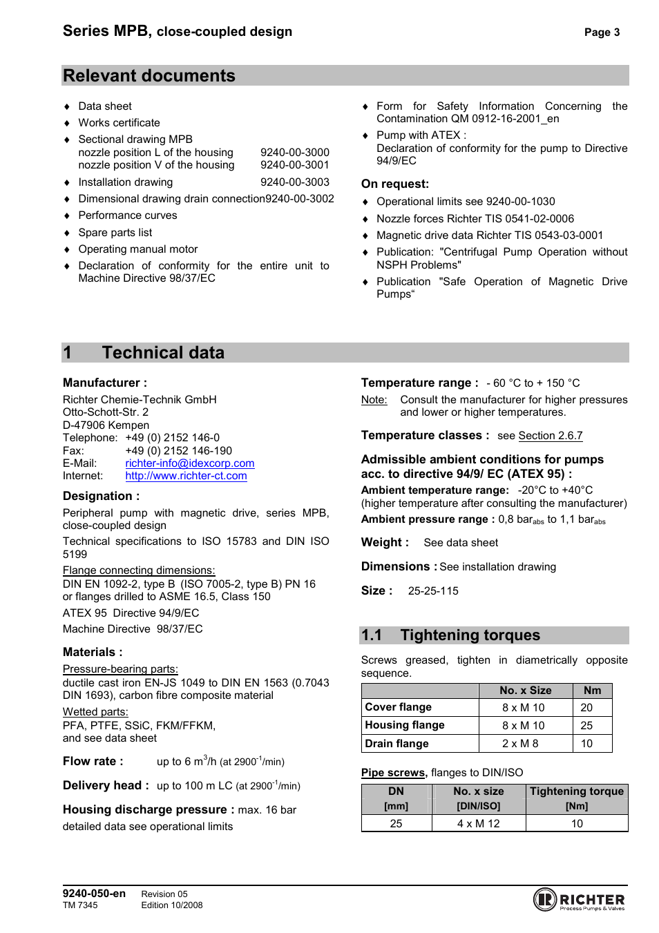 Relevant documents, 1 technical data, 1 tightening torques | Tightening torques, 1technical data, Series mpb, Close-coupled design | Richter MPB 25-25-115 User Manual | Page 3 / 26