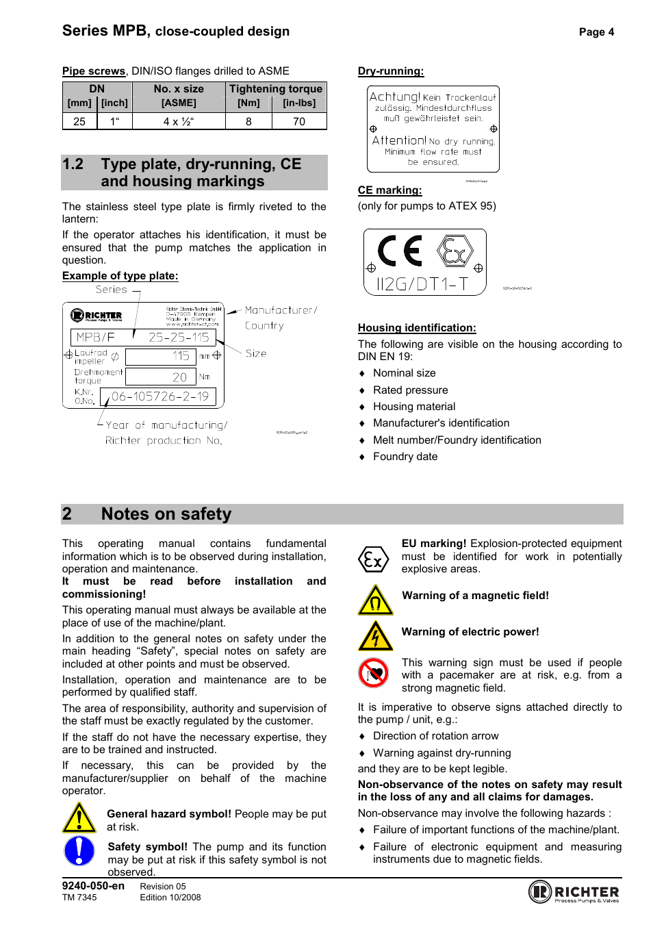 2 type plate, dry-running, ce and housing markings, 2 notes on safety, Markings | Series mpb, Close-coupled design | Richter MPB 25-25-115 User Manual | Page 4 / 26