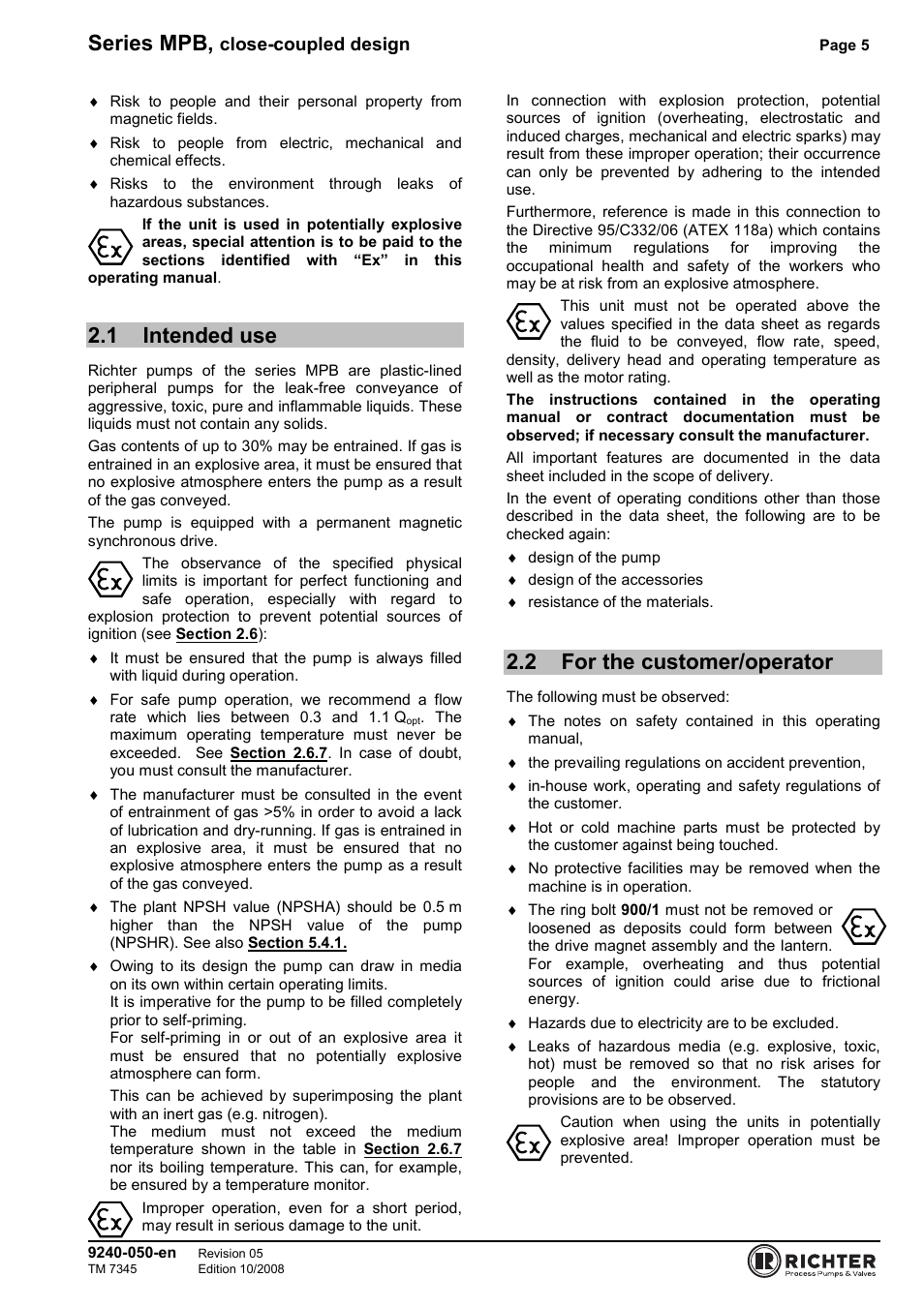 1 intended use, 2 for the customer/operator, Intended use | For the customer/operator, Series mpb | Richter MPB 25-25-115 User Manual | Page 5 / 26