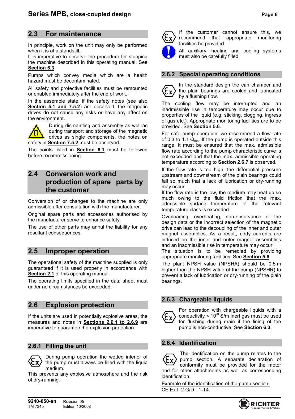 3 for maintenance, 5 improper operation, 6 explosion protection | 1 filling the unit, 2 special operating conditions, 3 chargeable liquids, 4 identification, For maintenance, Parts by the customer, Improper operation | Richter MPB 25-25-115 User Manual | Page 6 / 26