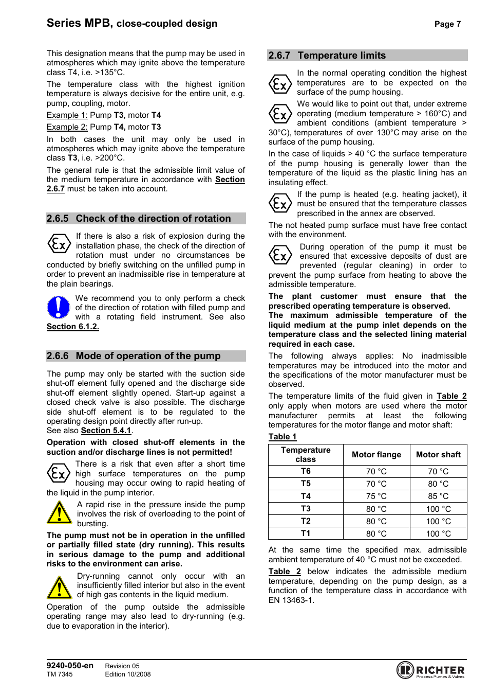 5 check of the direction of rotation, 6 mode of operation of the pump, 7 temperature limits | Check of the direction of rotation, Mode of operation of the pump, Temperature limits, Series mpb, Close-coupled design | Richter MPB 25-25-115 User Manual | Page 7 / 26