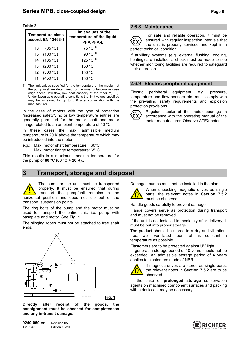 8 maintenance, 9 electric peripheral equipment, 3 transport, storage and disposal | Maintenance, Electric peripheral equipment, 3transport, storage and disposal, Series mpb, Close-coupled design | Richter MPB 25-25-115 User Manual | Page 8 / 26