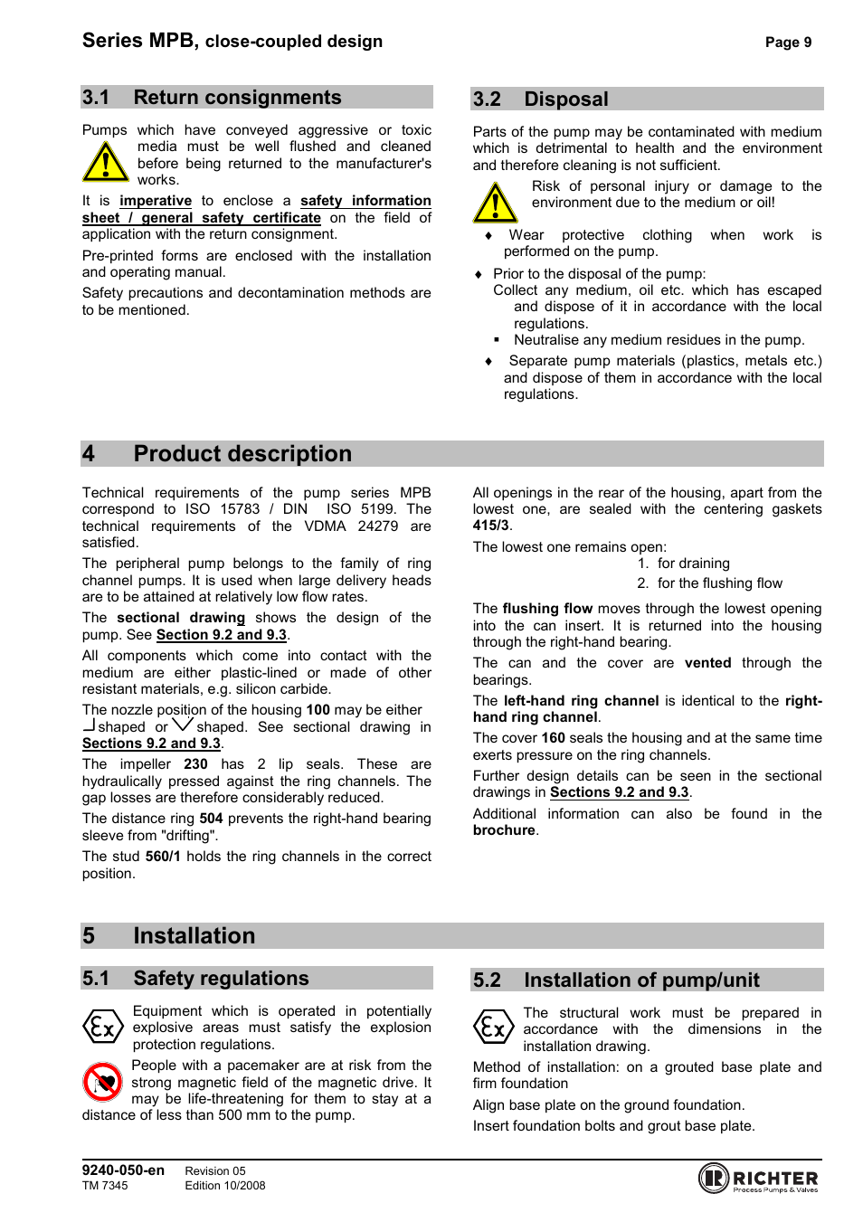 1 return consignments, 2 disposal, 4 product description | 5 installation, 1 safety regulations, 2 installation of pump/unit, Return consignments, Disposal, Safety regulations, Installation of pump/unit | Richter MPB 25-25-115 User Manual | Page 9 / 26