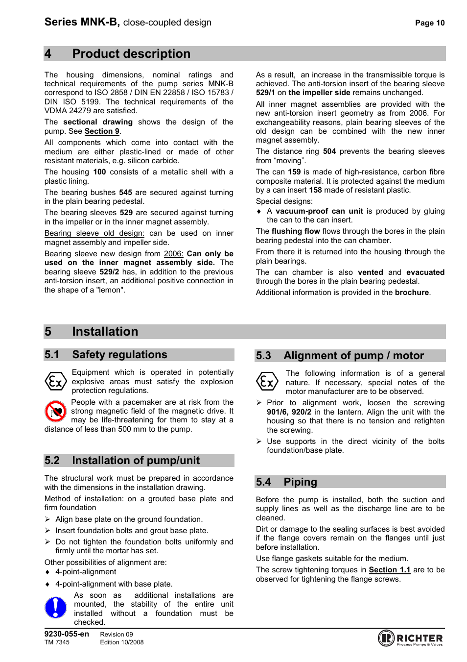 4 product description, 5 installation, 1 safety regulations | 2 installation of pump/unit, 3 alignment of pump / motor, 4 piping, Safety regulations, Installation of pump/unit, Alignment of pump / motor, Piping | Richter MNK-B Series User Manual | Page 10 / 25