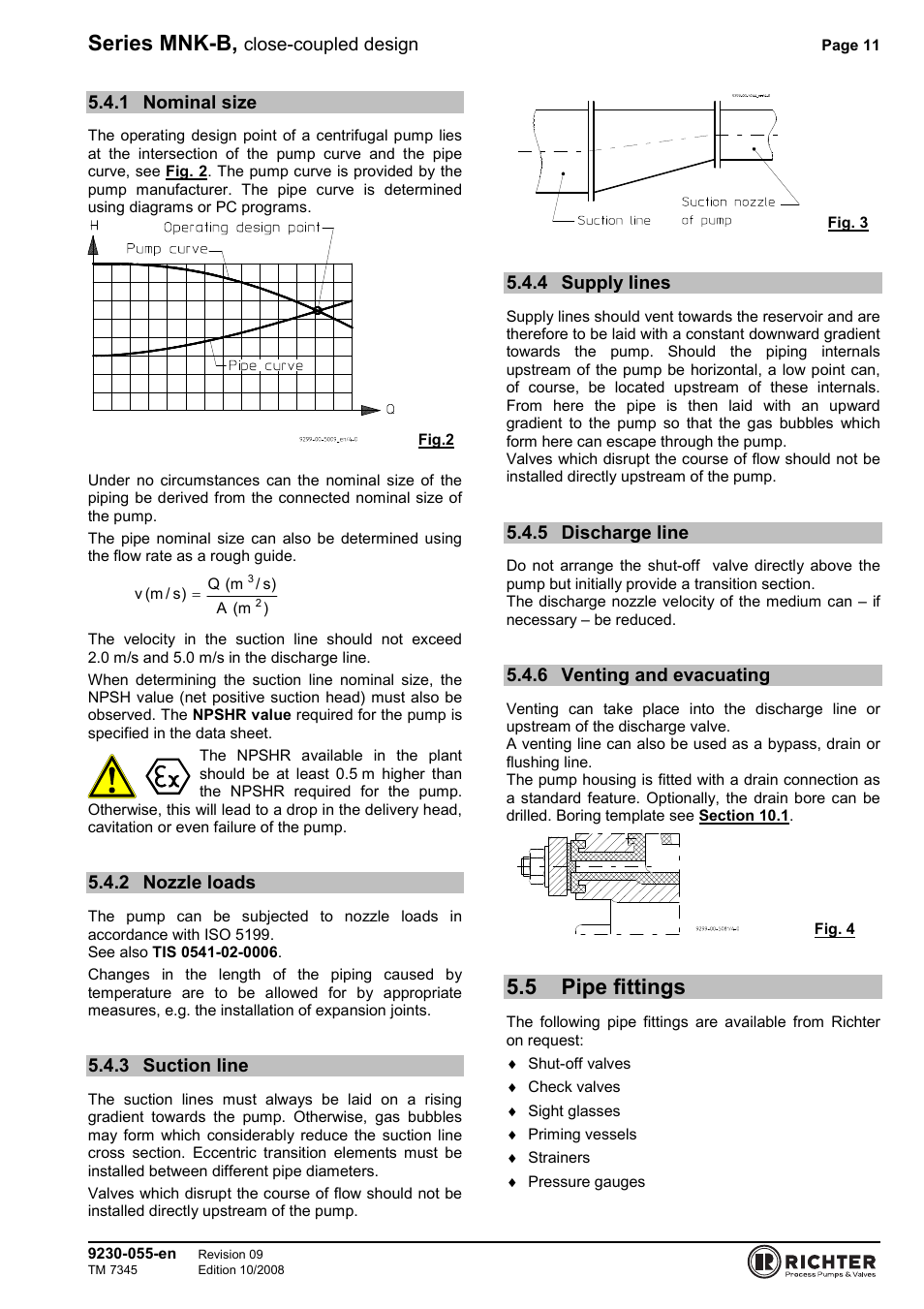 1 nominal size, 2 nozzle loads, 3 suction line | 4 supply lines, 5 discharge line, 6 venting and evacuating, 5 pipe fittings, Nominal size, Nozzle loads, Suction line | Richter MNK-B Series User Manual | Page 11 / 25