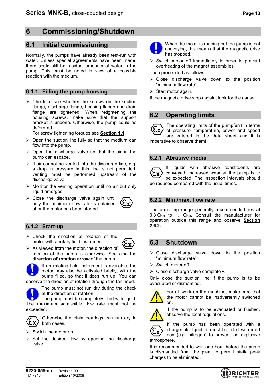 6 commissioning/shutdown, 1 initial commissioning, 1 filling the pump housing | 2 start-up, 2 operating limits, 1 abrasive media, 2 min./max. flow rate, 3 shutdown, Initial commissioning, Filling the pump housing | Richter MNK-B Series User Manual | Page 13 / 25