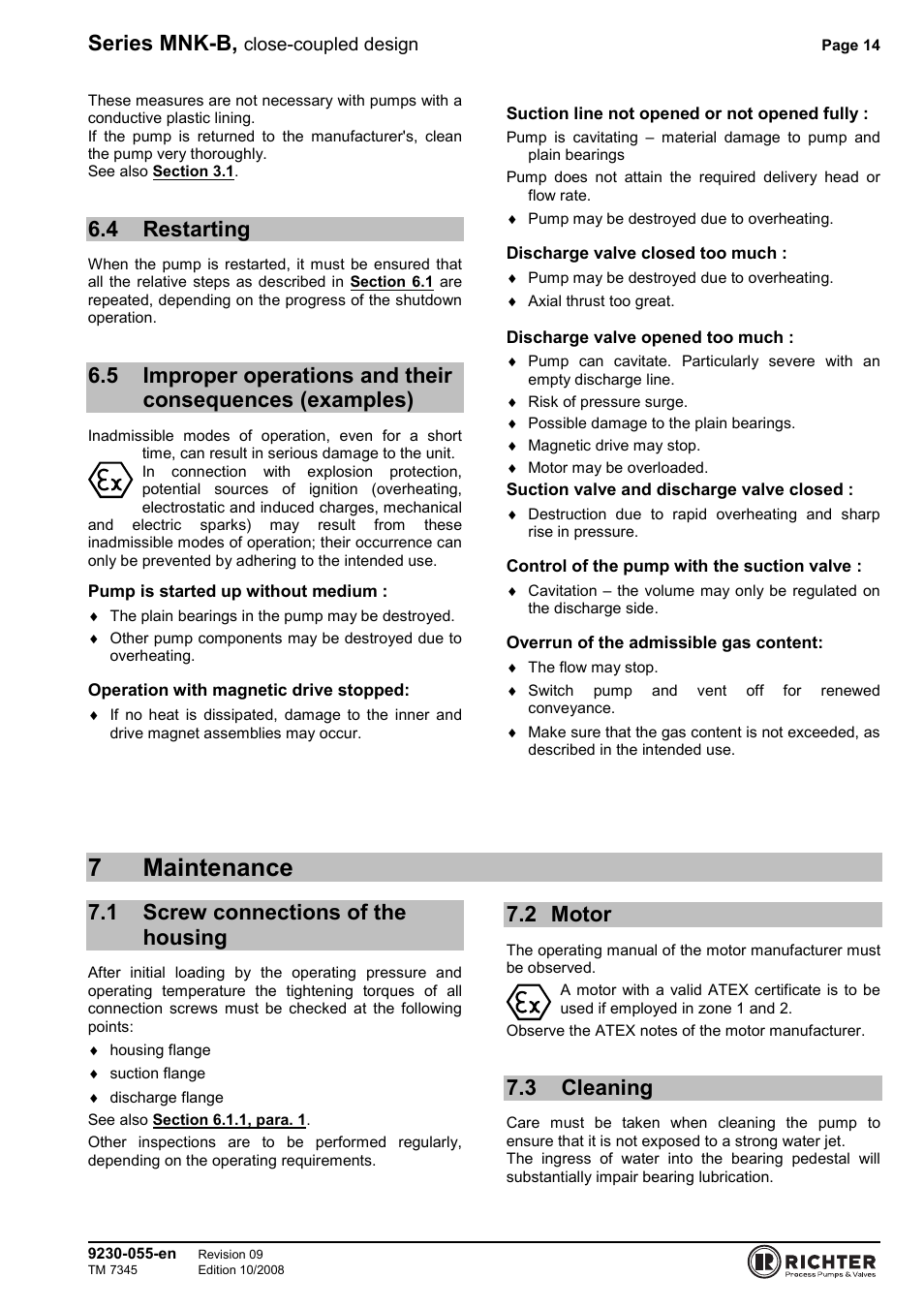 4 restarting, 7 maintenance, 1 screw connections of the housing | 2 motor, 3 cleaning, Restarting, Examples), Screw connections of the housing, Motor, Cleaning | Richter MNK-B Series User Manual | Page 14 / 25