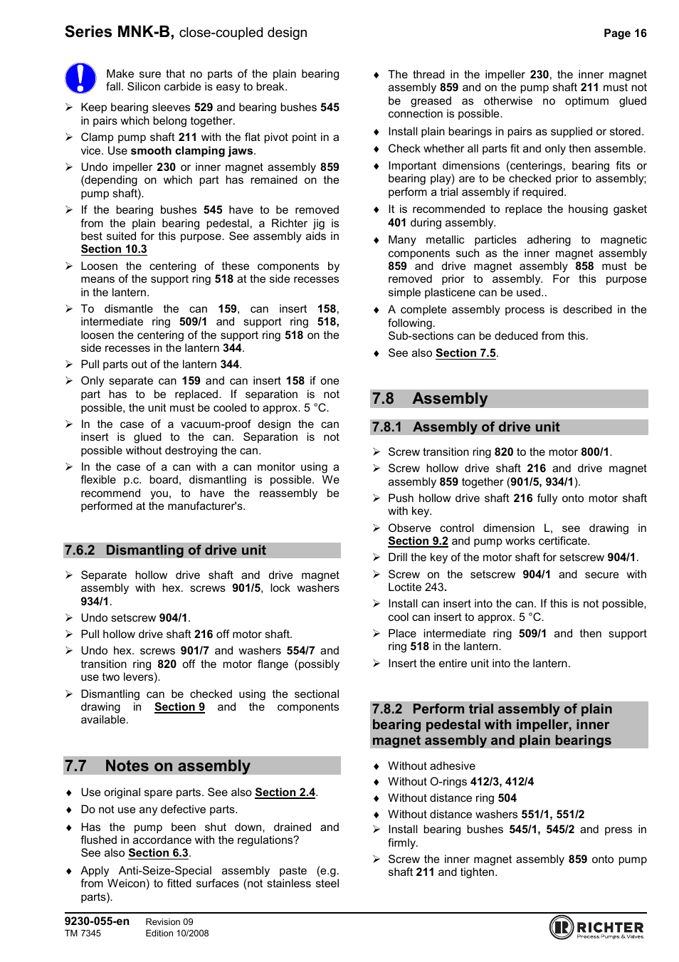 2 dismantling of drive unit, 7 notes on assembly, 8 assembly | 1 assembly of drive unit, Dismantling of drive unit, Notes on assembly, Assembly, Assembly of drive unit, Bearings, Series mnk-b | Richter MNK-B Series User Manual | Page 16 / 25