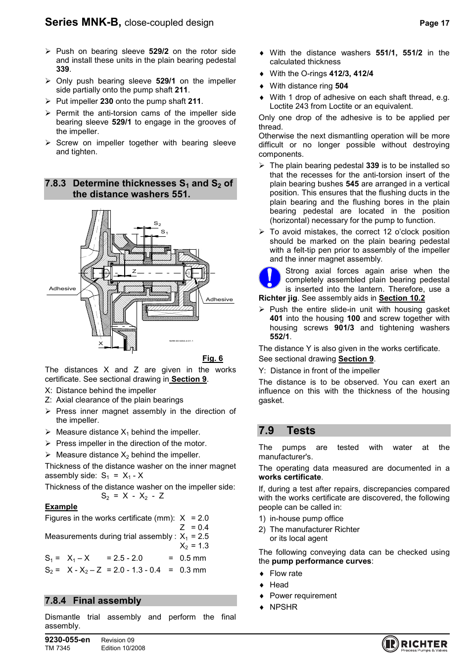 4 final assembly, 9 tests, Washers 551 | Final assembly, Tests, Series mnk-b, Close-coupled design, 3 determine thicknesses s, And s, Of the distance washers 551 | Richter MNK-B Series User Manual | Page 17 / 25