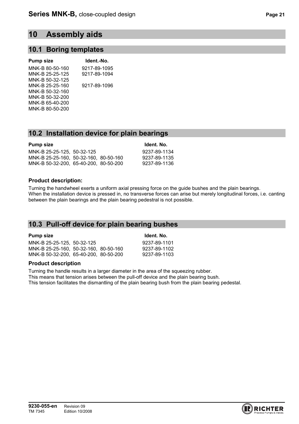 10 assembly aids, 1 boring templates, 2 installation device for plain bearings | 3 pull-off device for plain bearing bushes, Boring templates, Installation device for plain bearings, Pull-off device for plain bearing bushes, Series mnk-b | Richter MNK-B Series User Manual | Page 21 / 25