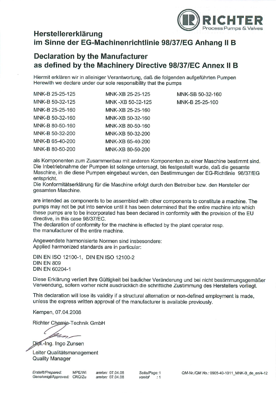 Declaration by the manufacturer | Richter MNK-B Series User Manual | Page 22 / 25