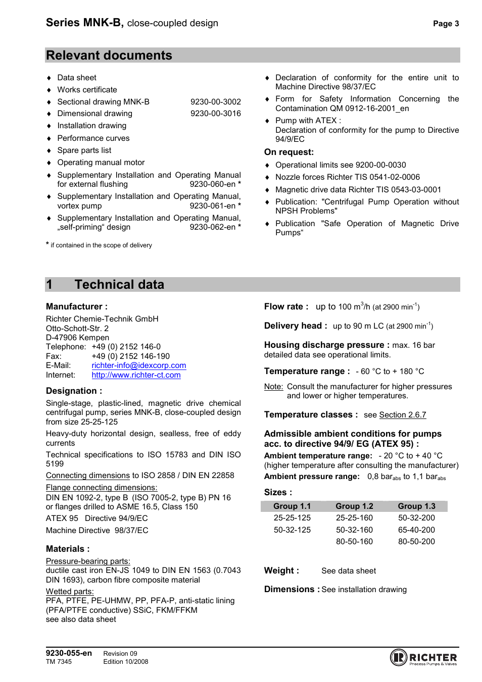 Relevant documents, 1 technical data, 1technical data | Series mnk-b, Close-coupled design | Richter MNK-B Series User Manual | Page 3 / 25