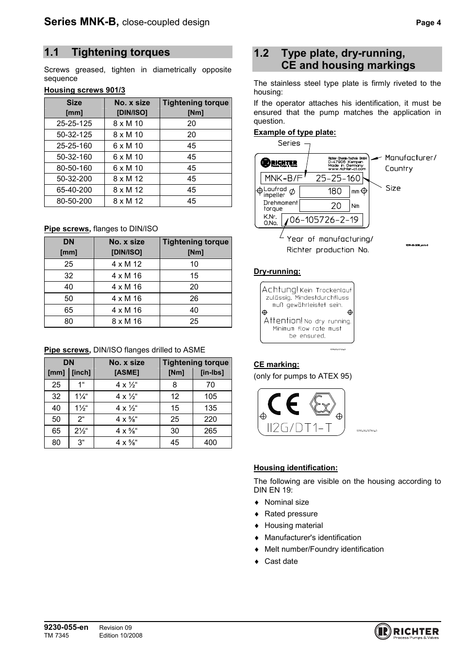 1 tightening torques, 2 type plate, dry-running, ce and housing markings, Tightening torques | Markings, Series mnk-b, Close-coupled design | Richter MNK-B Series User Manual | Page 4 / 25