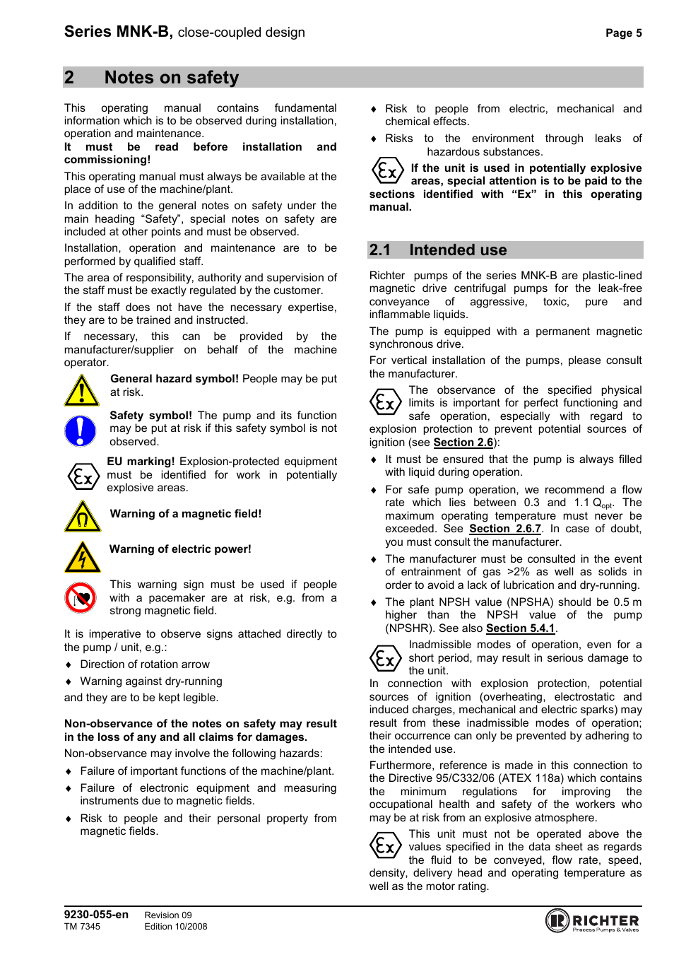2 notes on safety, 1 intended use, Intended use | Series mnk-b, Close-coupled design | Richter MNK-B Series User Manual | Page 5 / 25
