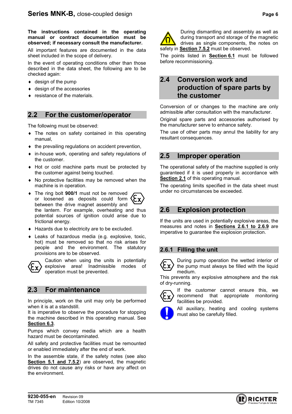 2 for the customer/operator, 3 for maintenance, 5 improper operation | 6 explosion protection, 1 filling the unit, For the customer/operator, For maintenance, Parts by the customer, Improper operation, Explosion protection | Richter MNK-B Series User Manual | Page 6 / 25