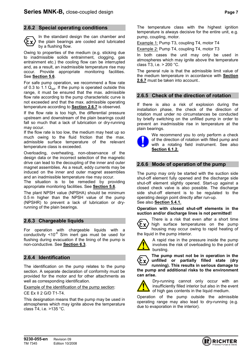 2 special operating conditions, 3 chargeable liquids, 4 identification | 5 check of the direction of rotation, 6 mode of operation of the pump, Special operating conditions, Chargeable liquids, Identification, Check of the direction of rotation, Mode of operation of the pump | Richter MNK-B Series User Manual | Page 7 / 25