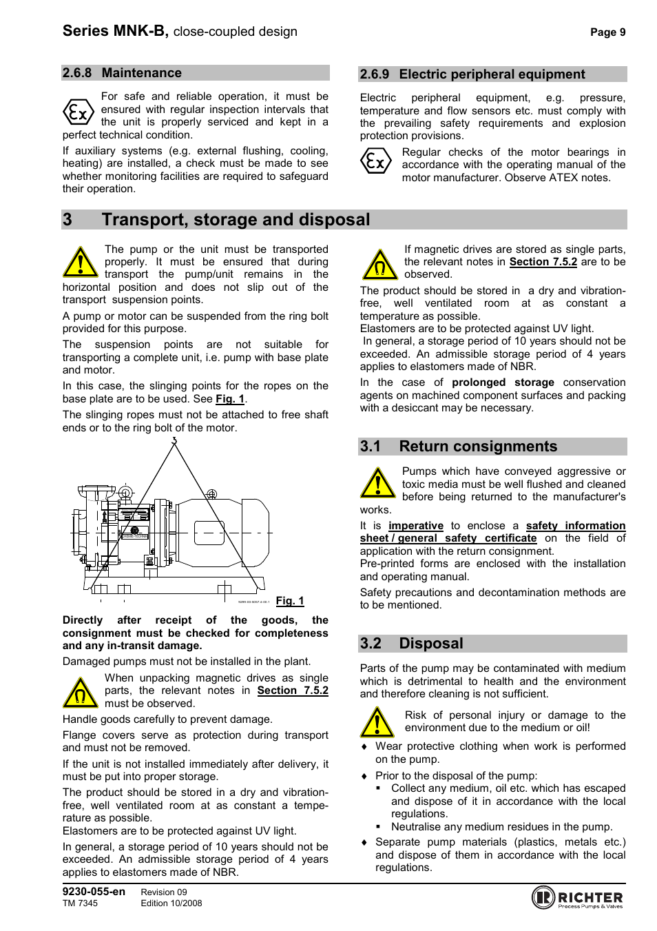 8 maintenance, 9 electric peripheral equipment, 3 transport, storage and disposal | 1 return consignments, 2 disposal, Maintenance, Electric peripheral equipment, Return consignments, Disposal, 3transport, storage and disposal | Richter MNK-B Series User Manual | Page 9 / 25