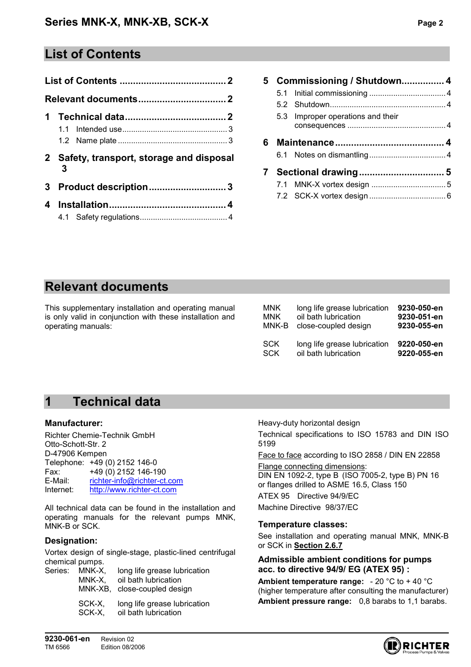 List of contents, Relevant documents, 1 technical data | 1technical data, Series mnk-x, mnk-xb, sck-x | Richter SCK-X Series User Manual | Page 2 / 6