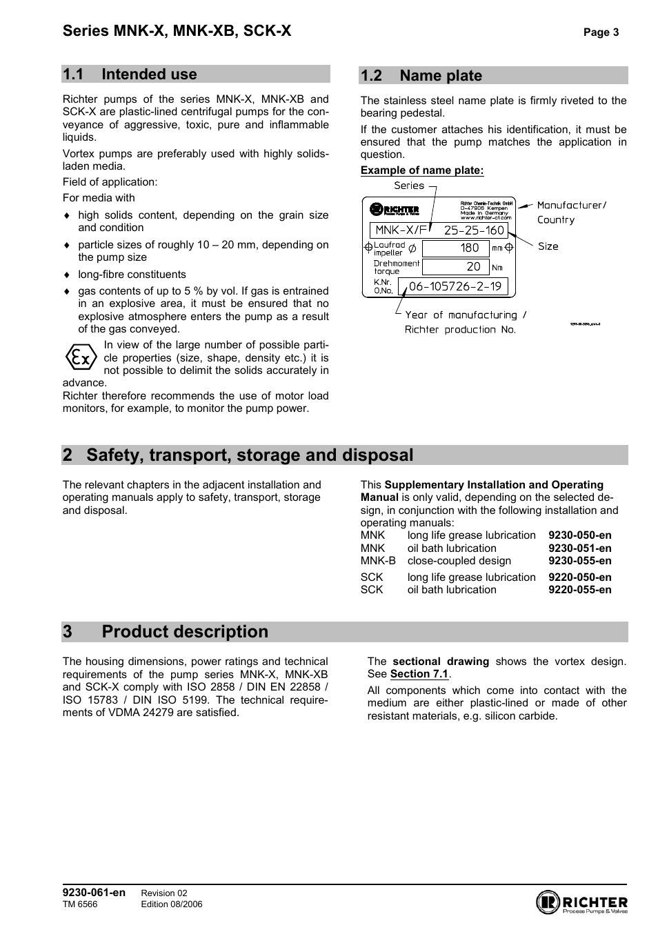 1 intended use, 2 name plate, 2 safety, transport, storage and disposal | 3 product description, Intended use, Name plate, 3product description, Series mnk-x, mnk-xb, sck-x | Richter SCK-X Series User Manual | Page 3 / 6