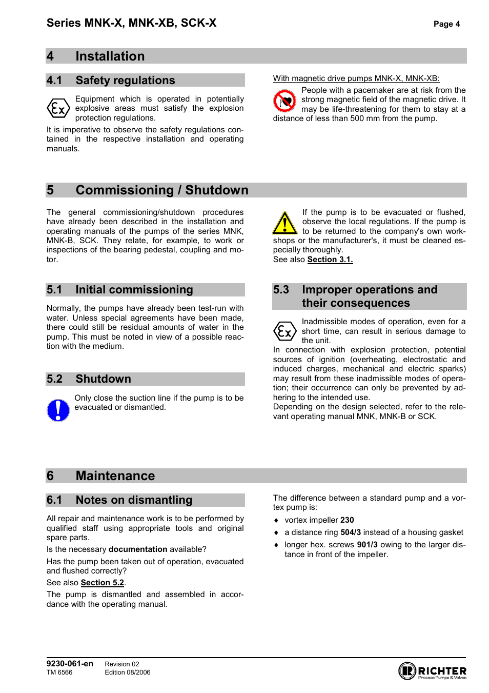 4 installation, 1 safety regulations, 5 commissioning / shutdown | 1 initial commissioning, 2 shutdown, 3 improper operations and their consequences, 6 maintenance, 1 notes on dismantling, Safety regulations, Initial commissioning | Richter SCK-X Series User Manual | Page 4 / 6