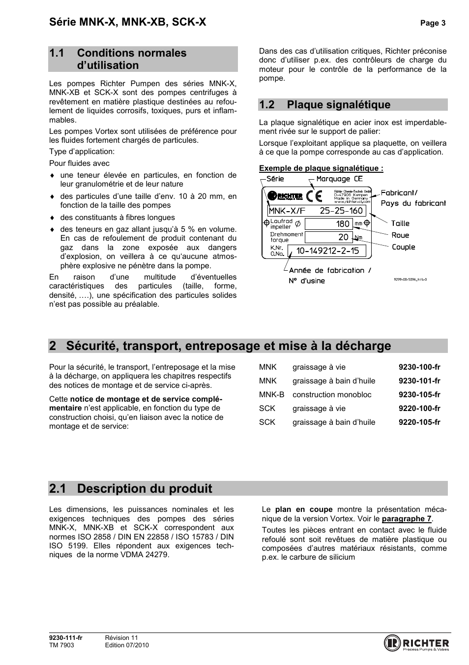 1 conditions normales d’utilisation, 2 plaque signalétique, 1 description du produit | Conditions normales d’utilisation, Plaque signalétique, 2 sécurité, transport et entreposage, Série mnk-x, mnk-xb, sck-x | Richter SCK-X Series User Manual | Page 3 / 9