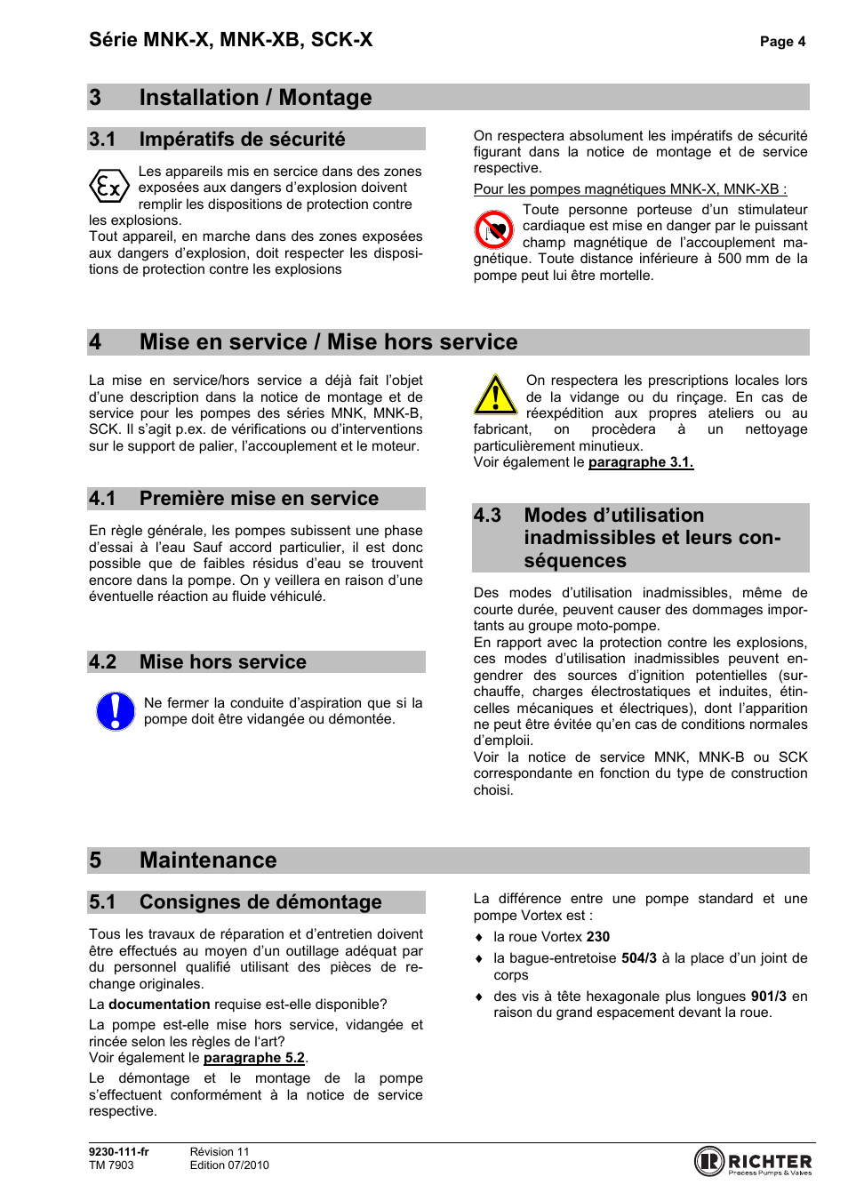 3 installation / montage, 1 impératifs de sécurité, 4 mise en service / mise hors service | 1 première mise en service, 2 mise hors service, 5 maintenance, 1 consignes de démontage, Impératifs de sécurité, Première mise en service, Mise hors service | Richter SCK-X Series User Manual | Page 4 / 9