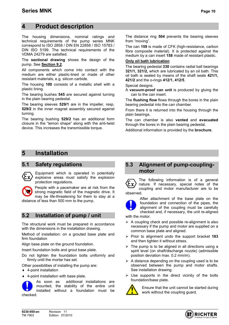 4 product description, 5 installation, 1 safety regulations | 2 installation of pump / unit, 3 alignment of pump-coupling-motor, Product description, Installation, Safety regulations, Installation of pump / unit, Alignment of pump-coupling-motor | Richter MNK Series User Manual | Page 10 / 33