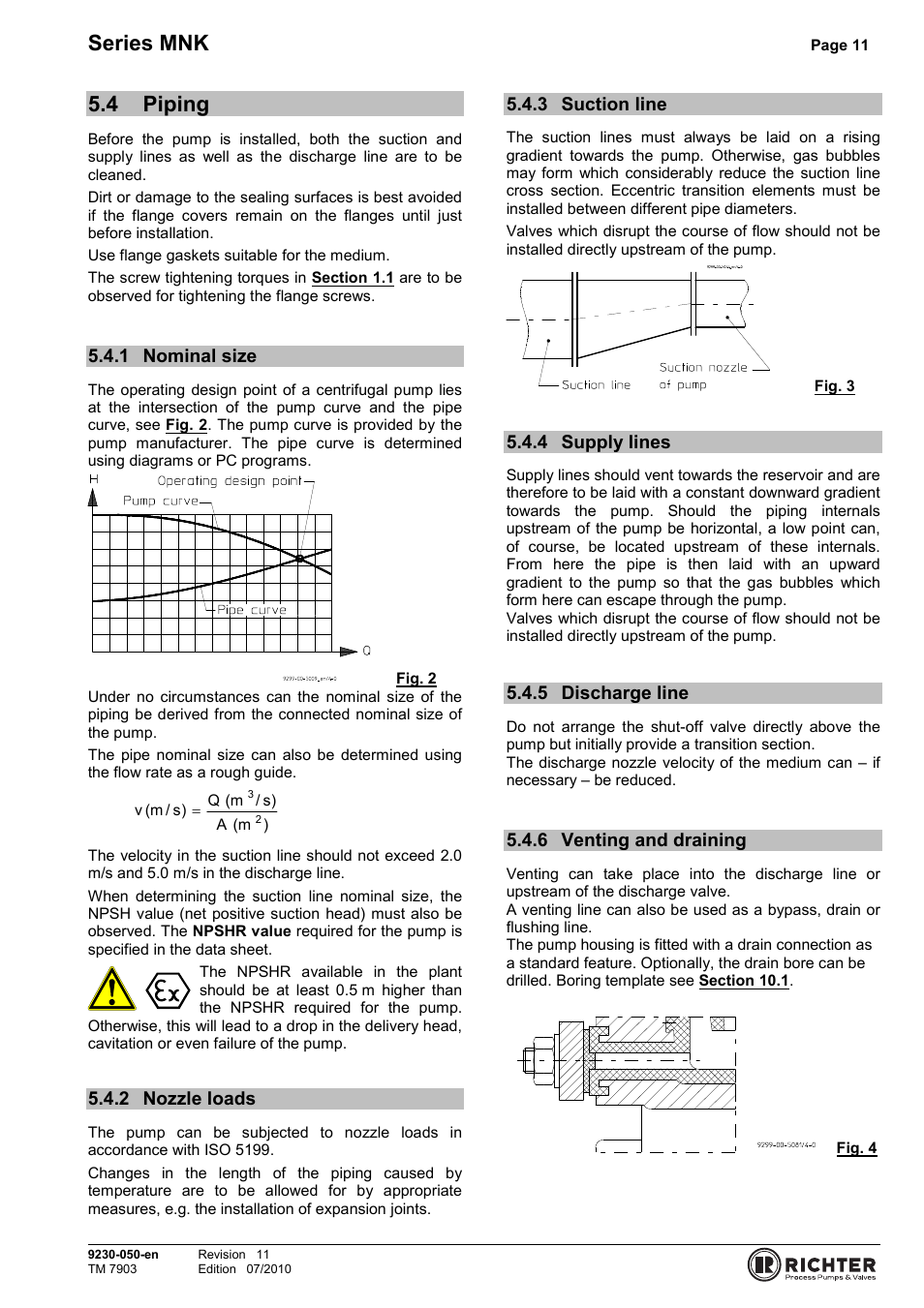 4 piping, 1 nominal size, 2 nozzle loads | 3 suction line, 4 supply lines, 5 discharge line, 6 venting and draining, Piping, Nominal size, Nozzle loads | Richter MNK Series User Manual | Page 11 / 33