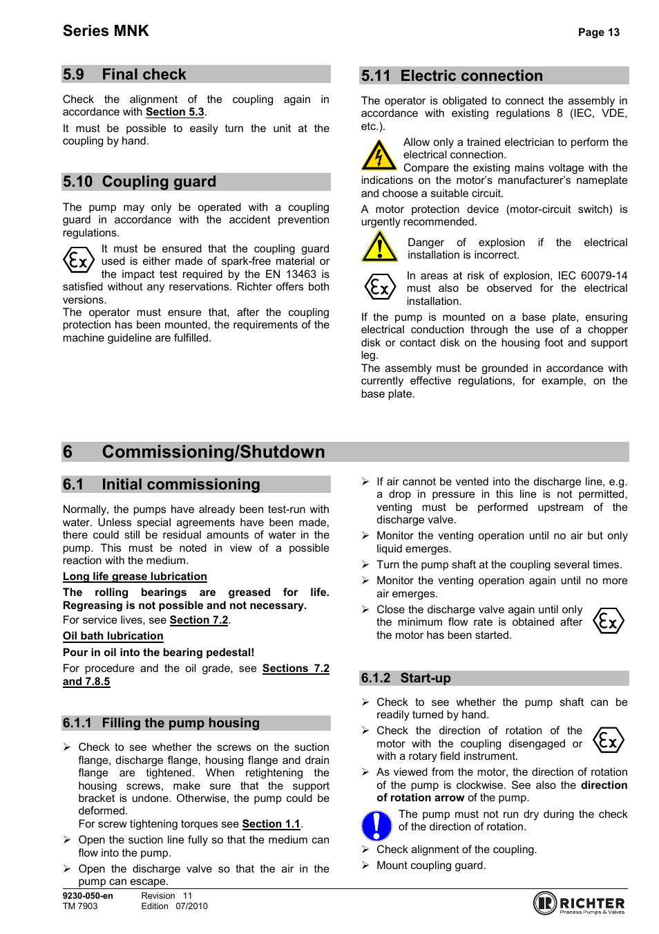 9 final check, 10 coupling guard, 11 electric connection | 6 commissioning/shutdown, 1 initial commissioning, 1 filling the pump housing, 2 start-up, Final check, Coupling guard, Electric connection | Richter MNK Series User Manual | Page 13 / 33