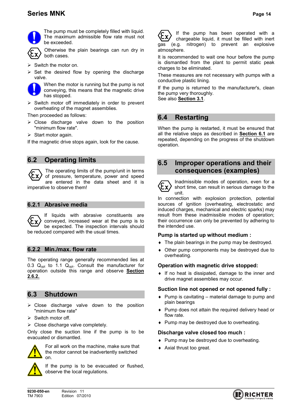 2 operating limits, 1 abrasive media, 2 min./max. flow rate | 3 shutdown, 4 restarting, Operating limits, Abrasive media, Min./max. flow rate, Shutdown, Restarting | Richter MNK Series User Manual | Page 14 / 33