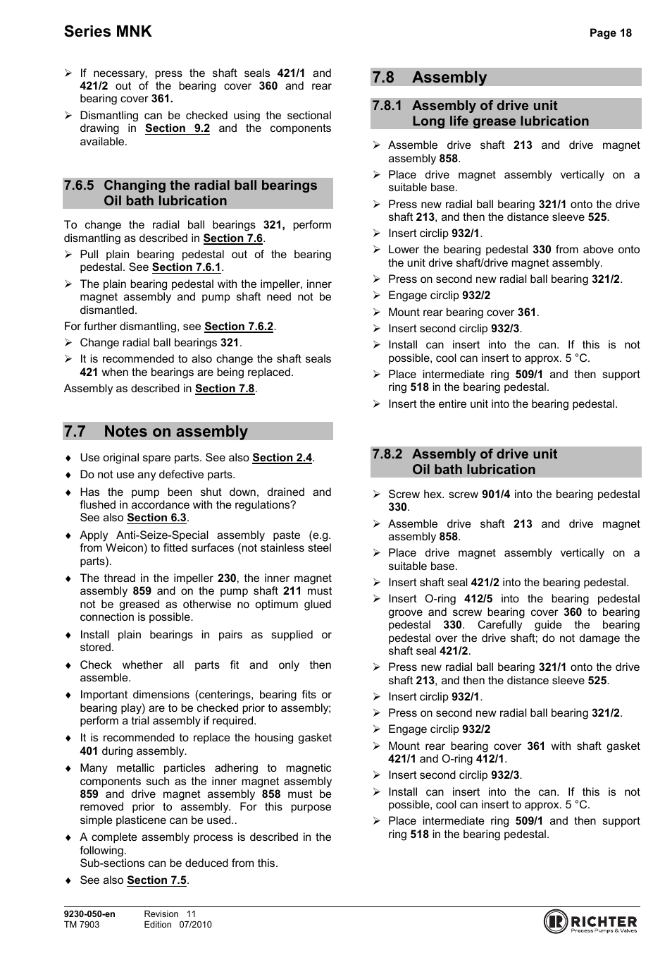 7 notes on assembly, 8 assembly, 2 assembly of drive unit oil bath lubrication | Lubrication, Notes on assembly, Assembly, Assembly of drive unit oil bath lubrication, Series mnk | Richter MNK Series User Manual | Page 18 / 33