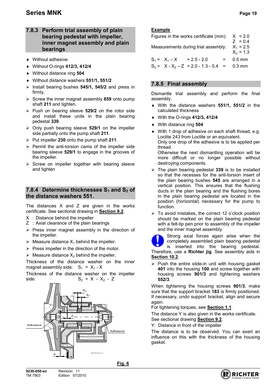 5 final assembly, Bearings, Washers 551 | Final assembly, Series mnk, 4 determine thicknesses s, And s, Of the distance washers 551 | Richter MNK Series User Manual | Page 19 / 33