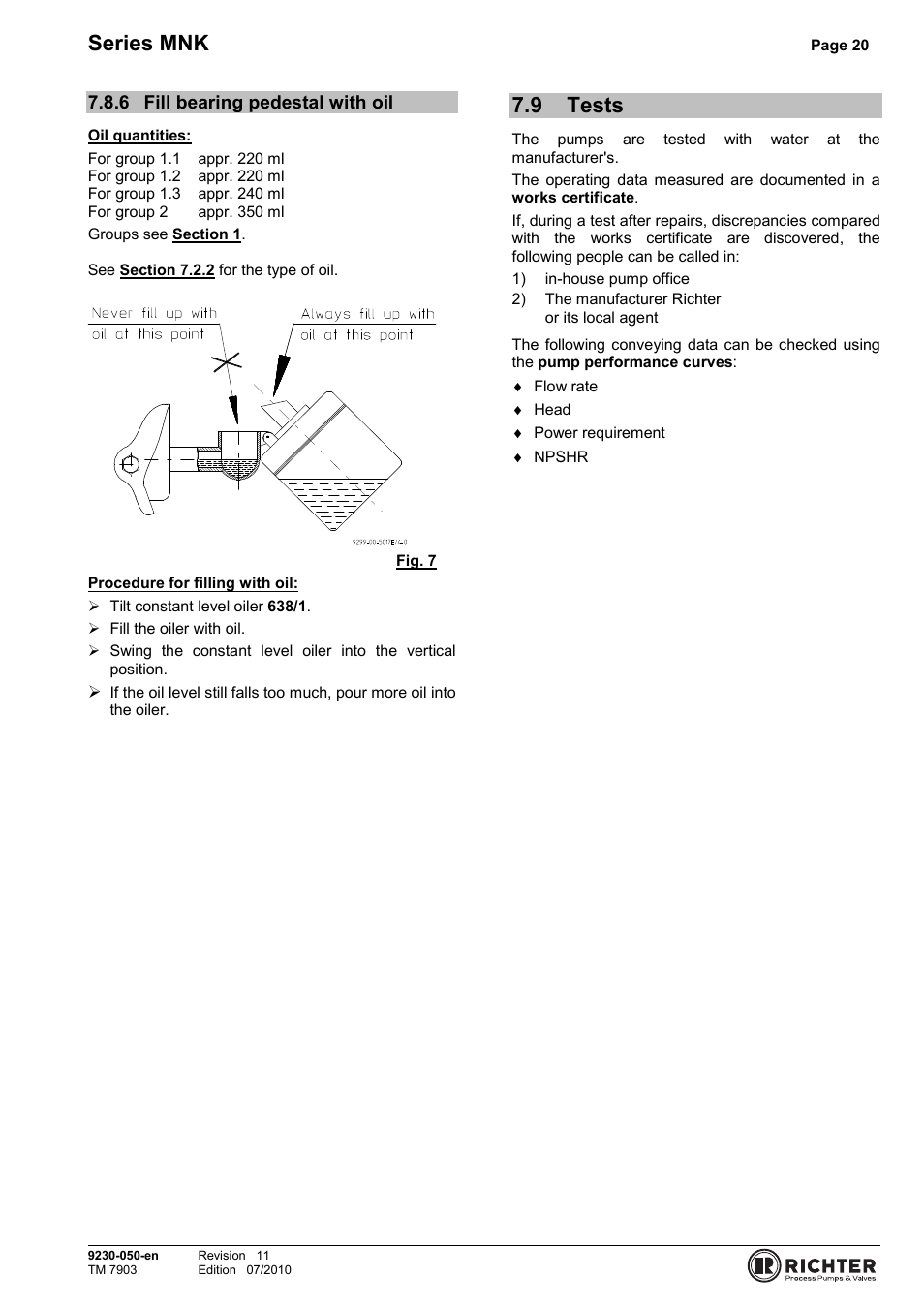 6 fill bearing pedestal with oil, 9 tests, Fill bearing pedestal with oil | Tests, Series mnk | Richter MNK Series User Manual | Page 20 / 33