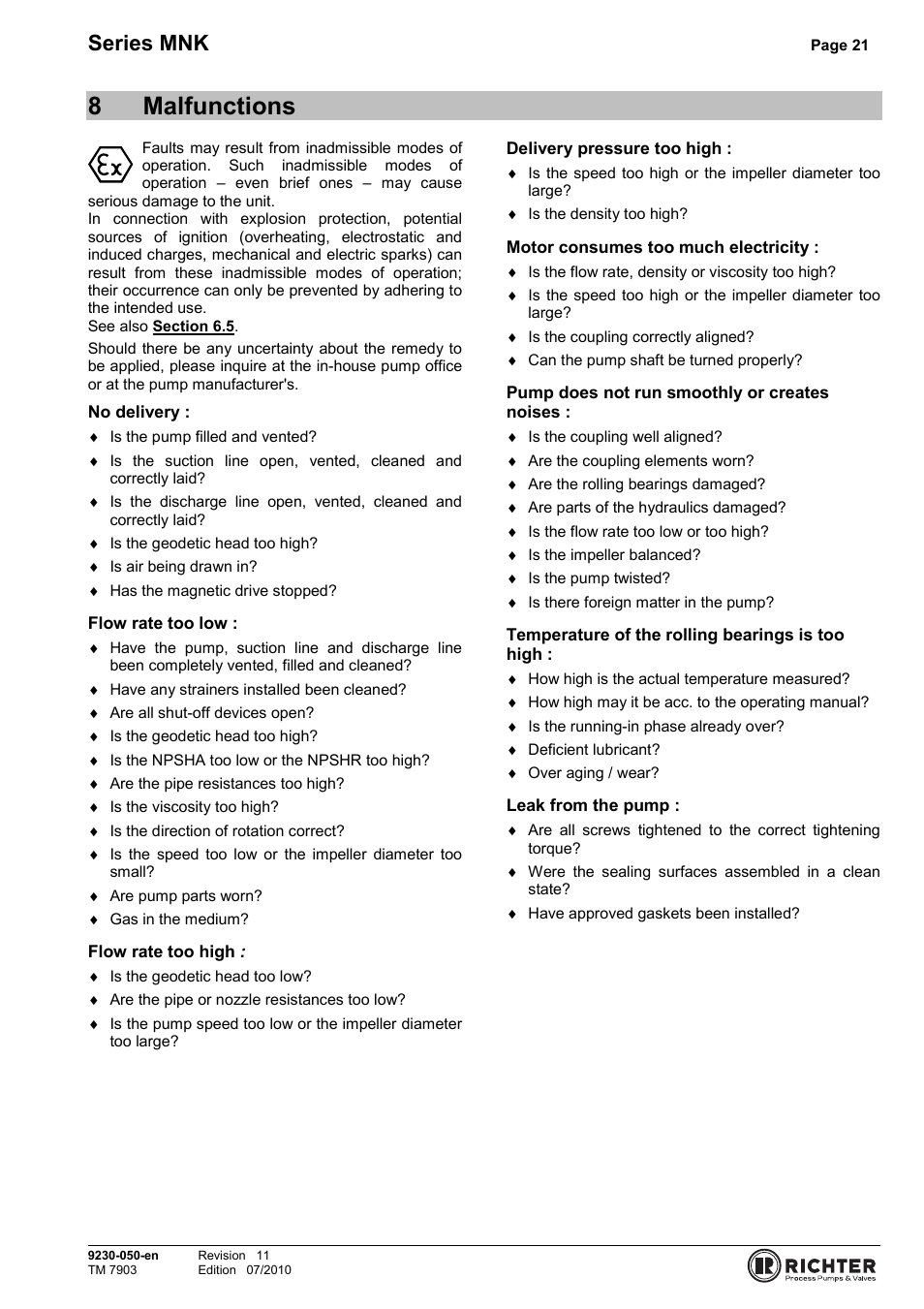 8 malfunctions, Malfunctions, 8malfunctions | Series mnk | Richter MNK Series User Manual | Page 21 / 33