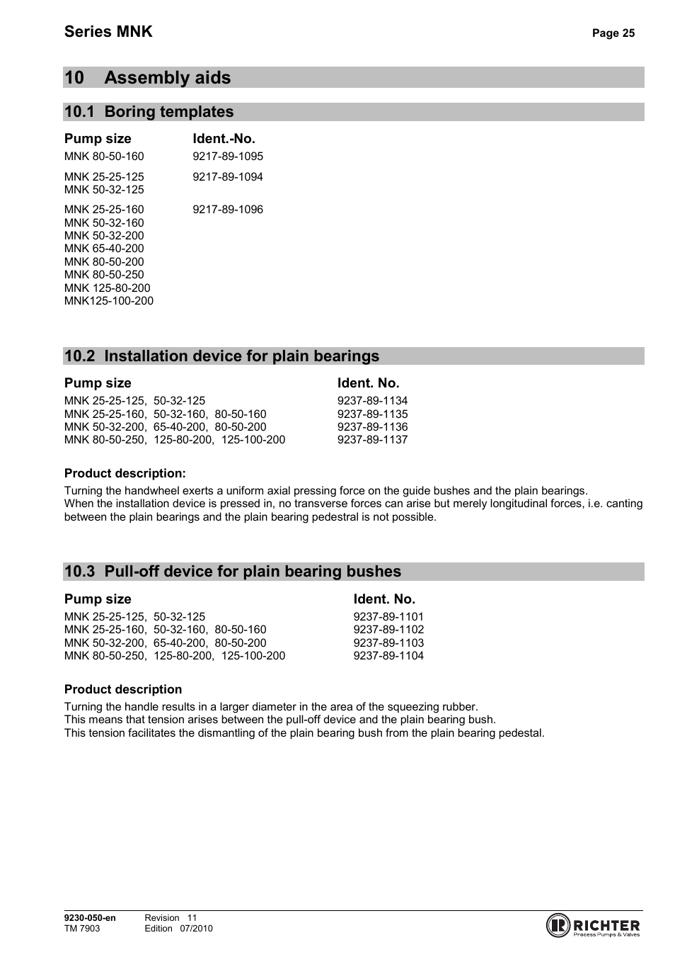 10 assembly aids, 1 boring templates, 2 installation device for plain bearings | 3 pull-off device for plain bearing bushes, Assembly aids, Boring templates, Installation device for plain bearings, Pull-off device for plain bearing bushes, Series mnk | Richter MNK Series User Manual | Page 25 / 33