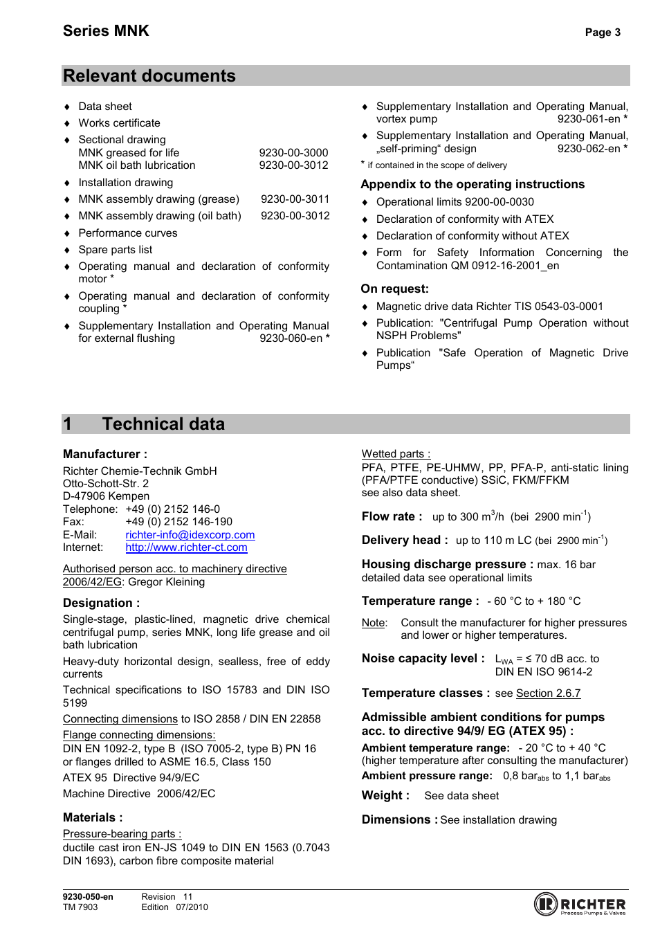 Relevant documents, 1 technical data, Technical data | 1technical data, Series mnk | Richter MNK Series User Manual | Page 3 / 33