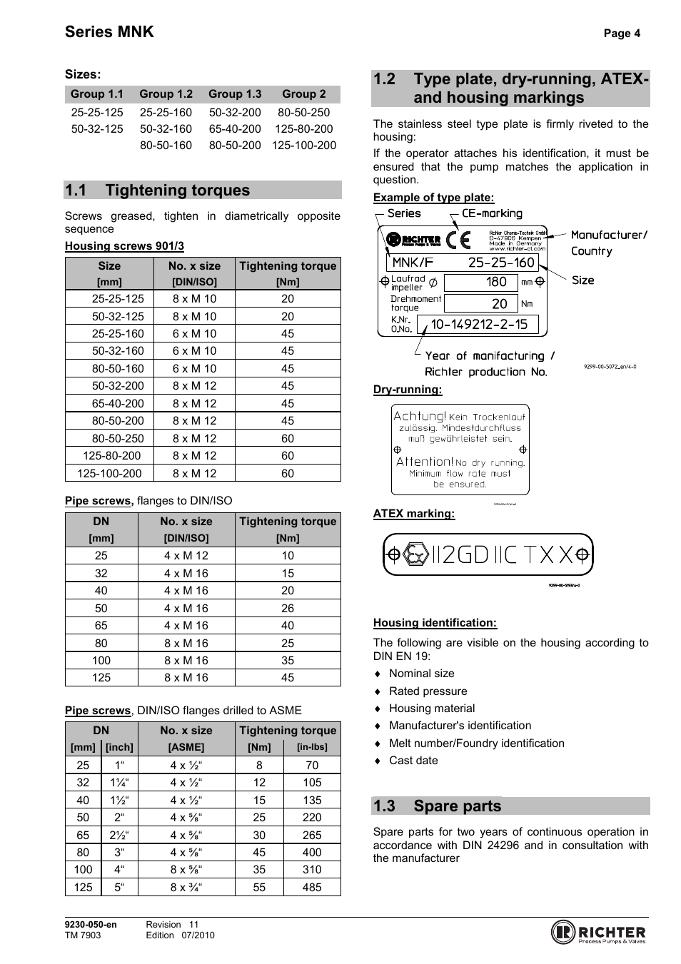 1 tightening torques, 3 spare parts, Tightening torques | Markings, Spare parts, Series mnk | Richter MNK Series User Manual | Page 4 / 33