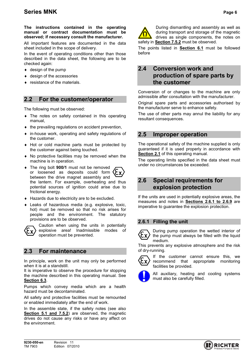 2 for the customer/operator, 3 for maintenance, 5 improper operation | 6 special requirements for explosion protection, 1 filling the unit, For the customer/operator, For maintenance, Parts by the customer, Improper operation, Filling the unit | Richter MNK Series User Manual | Page 6 / 33