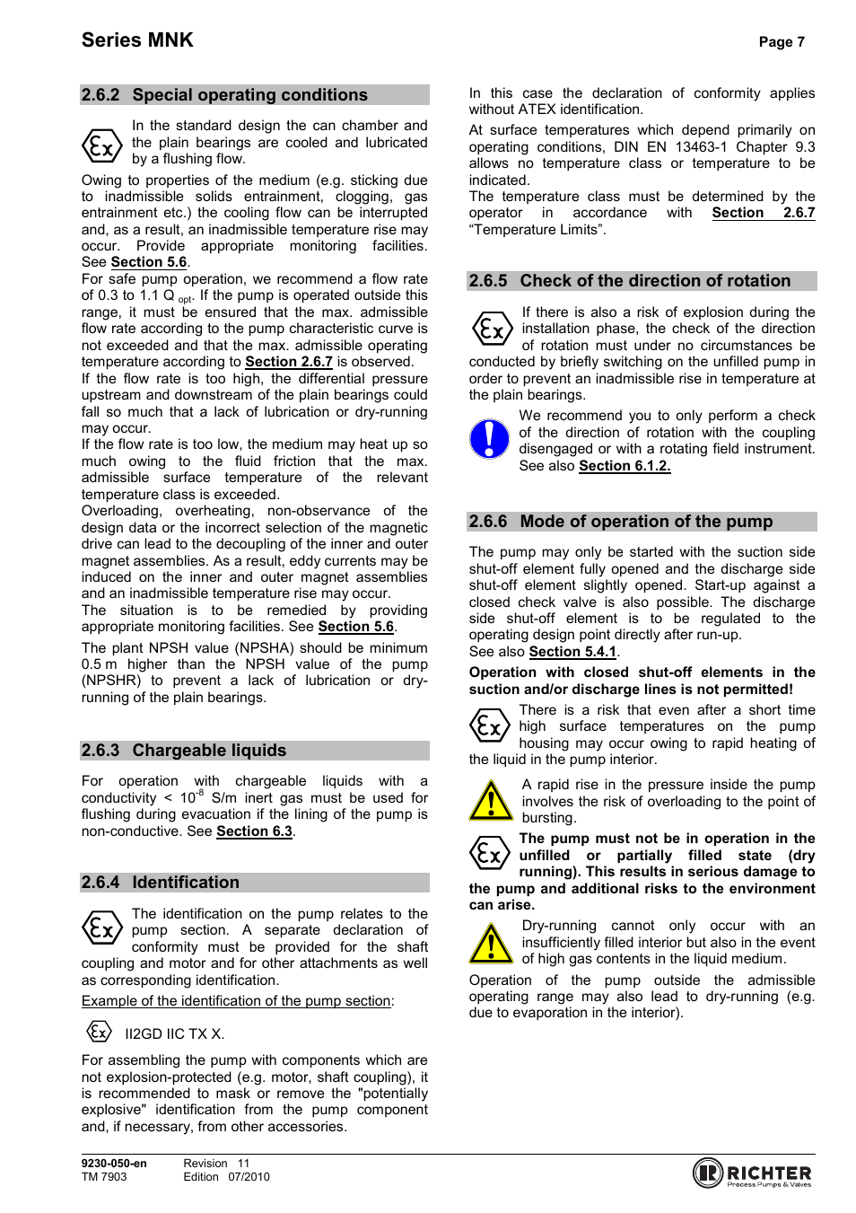 2 special operating conditions, 3 chargeable liquids, 4 identification | 5 check of the direction of rotation, 6 mode of operation of the pump, Special operating conditions, Chargeable liquids, Identification, Check of the direction of rotation, Mode of operation of the pump | Richter MNK Series User Manual | Page 7 / 33