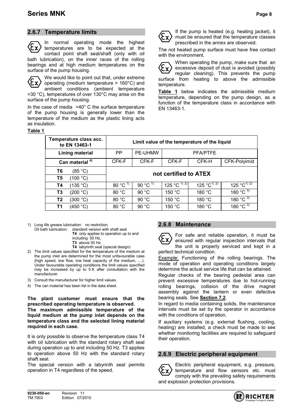 7 temperature limits, 8 maintenance, 9 electric peripheral equipment | Temperature limits, Maintenance, Electric peripheral equipment, Series mnk, Not certified to atex | Richter MNK Series User Manual | Page 8 / 33