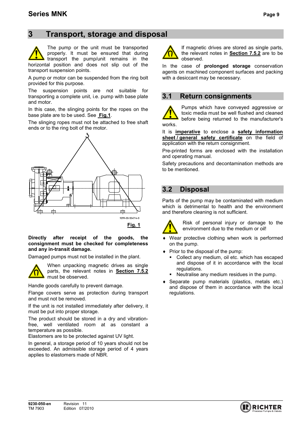 3 transport, storage and disposal, 1 return consignments, 2 disposal | Transport, storage and disposal, Return consignments, Disposal, 3transport, storage and disposal, Series mnk | Richter MNK Series User Manual | Page 9 / 33